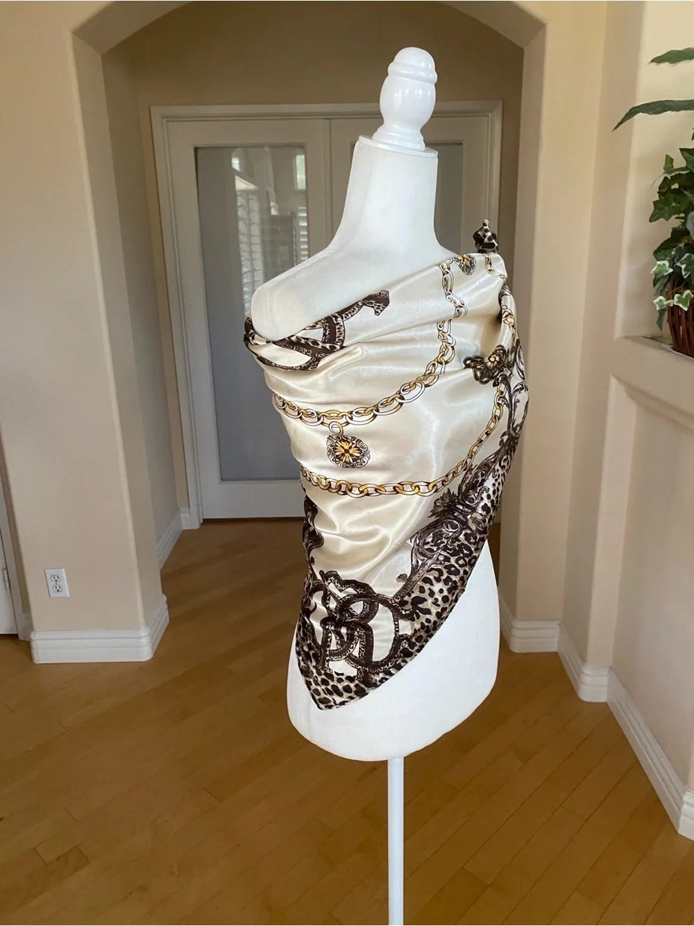 Cream Brown Gold Chain Medallion Print Scarf Wrap Top